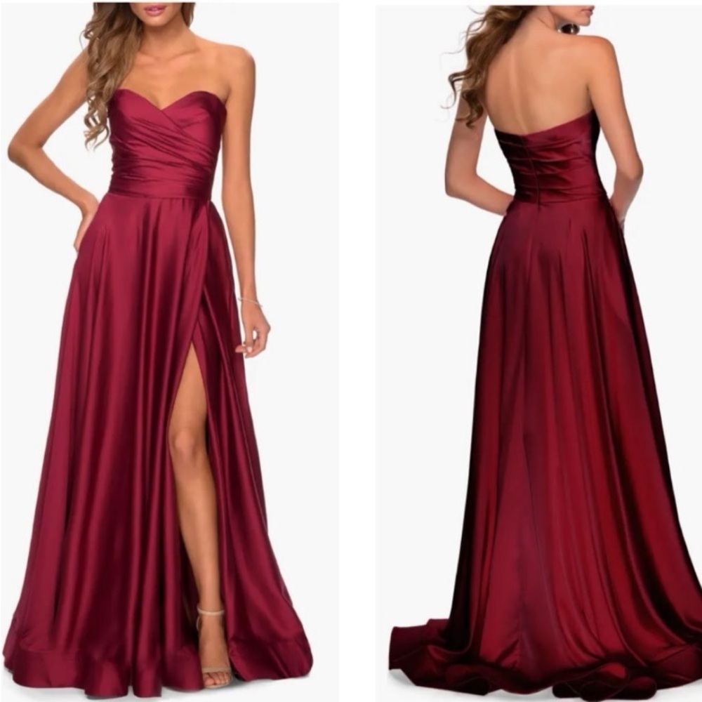 La femme strapless slit satin ballgown